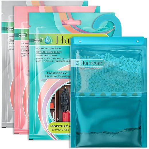 Humicure Moisture Absorber Dehumidifier Hanging Bags with 1 Litre Absorption Capacity for Wardrobe, Bathroom, Kitchen and Bedroom; Prevents Mould & Fungus (Pack of 3, 400gram each, 3 Fragrance Combo)