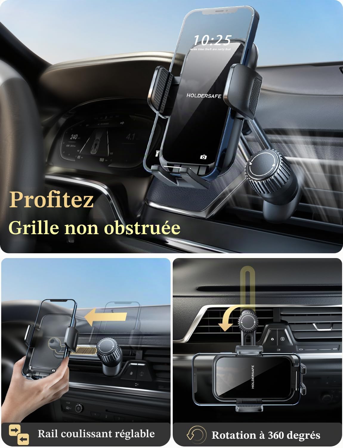 Support Telephone Voiture Porte Téléphone: [360° Rotation & Opération à Une Main] Porte Smartphone Voiture Bouche D'aération Socles de Téléphone Portable pour iPhone/Samsung/Huawei/Xiaomi-Acrylique