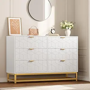 GAOMON White Dresser for Bedroom,Modern 6 Drawer Double Dresser with Gold Handles,Long Storage Organizer for TV Stand & Closet,Large Chest of Drawers for Living Room,Hallway,Entryway