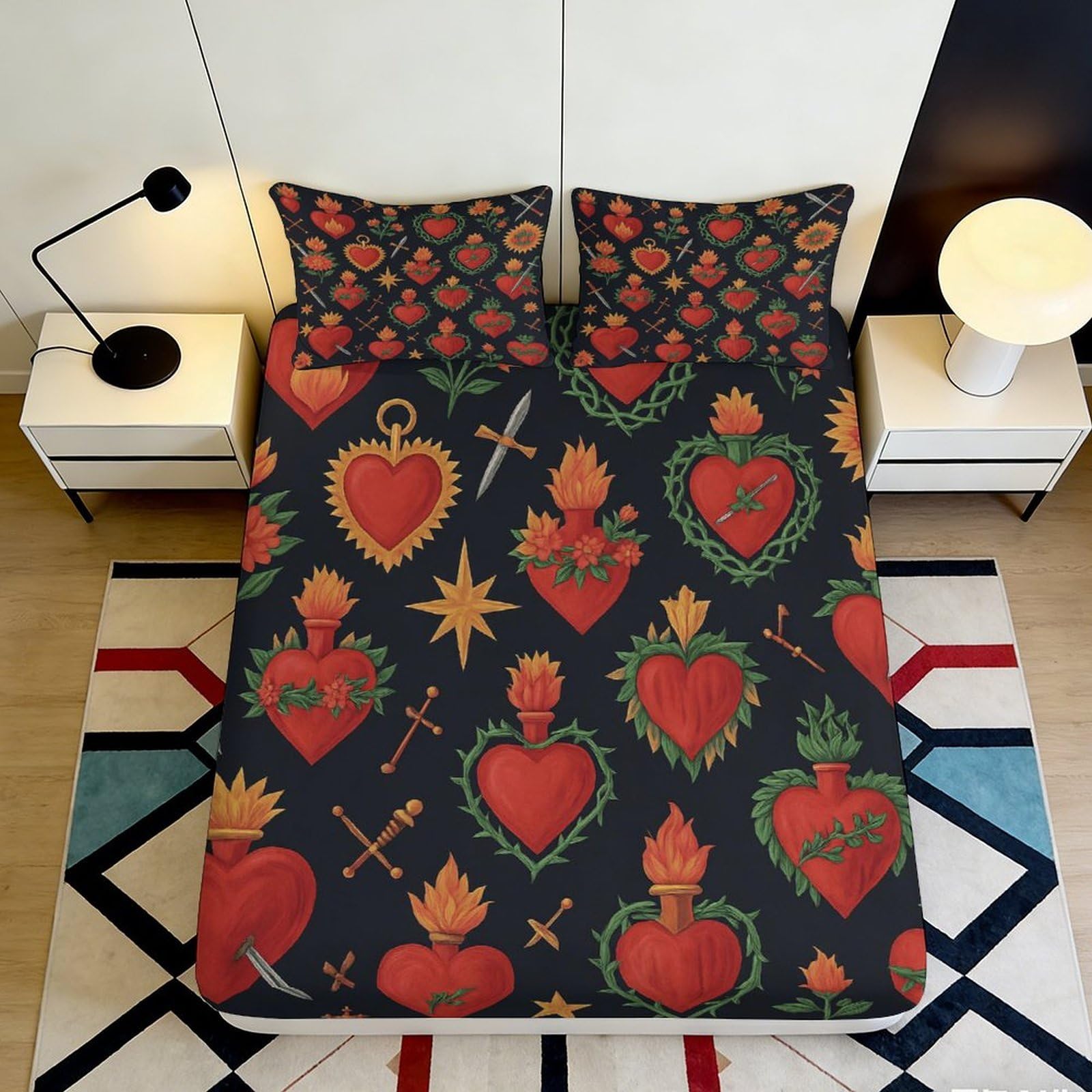 3D Printed Sacred Heart Fitted Sheet Microfiber Retro Tattoo Style Mattress Cover for Bedroom Dorm Protection Decor 90x200x25cm