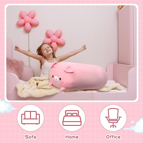 Miniatura 4 de Woanger Almohada de peluche de cerdo de 35.4 pulgadas, linda almohada de peluche de cerdo suave rosa, cuerpo cilíndrico, cerdo gigante, animal de