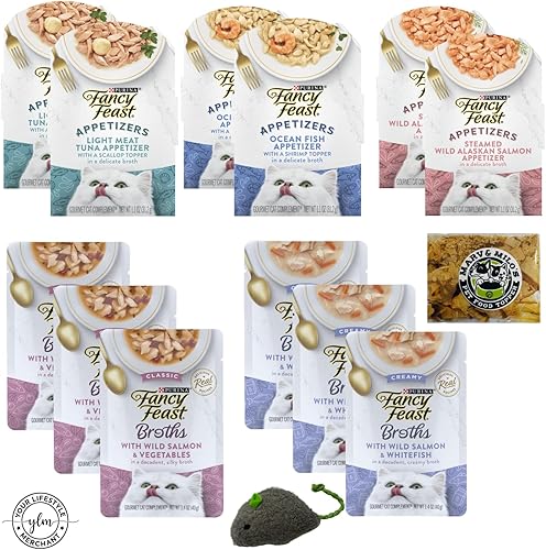 Fancy Feast - Paquete variado de aperitivos y caldo  2 de cada uno de vieiras de atún, pollo y carne de res, pescado marino con camarones  3 cada