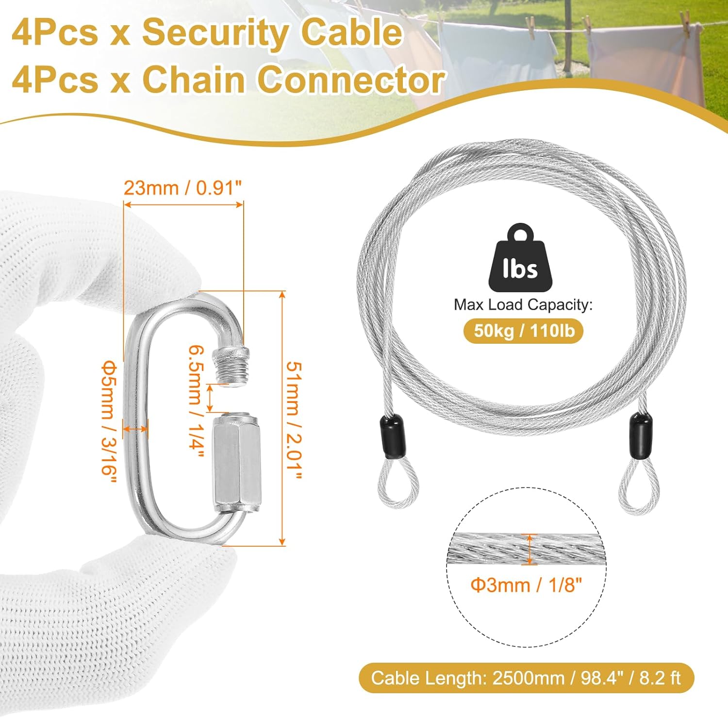 PATIKIL Security Cable Lock (1/8" Dia 8.2ft, Clear)(4 Set) Vinyl Coated 304 Stainless Steel Double Loop Flexible Wire Rope Safety Cable with Quick Links Locking Connectors