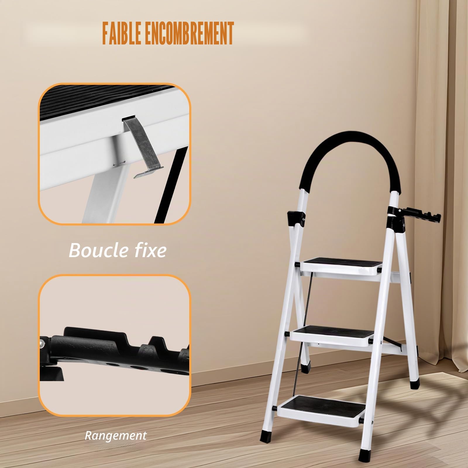 Escabeau Pliable 3/4/5 marches Charge maximale de 150kg Verrouillage de sécurité, pédales Larges accoudoirs escabeau escamotable légères pour la Maison, Cuisine, Placard et Bureau (Blanc-3 marches)
