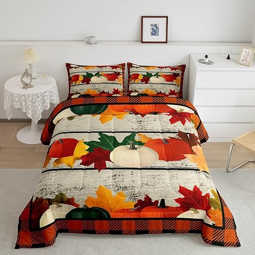 Miniatura 2 de Juego de ropa de cama de calabaza, juego de edredón geométrico a cuadros para niños y niñas, decoración de festival de calabaza de otoño, juego de