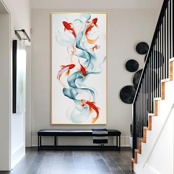 Fish Canvas Wall Art, Koi Fish Painting Wall Art, Feng Shui Wall Decor, Colorful Koi Fishes Wall Decor, Oil Painting Prints, Colorful Fishes Artwork for Living Room Gold Framed, 31"Wx62"H/80x160cm