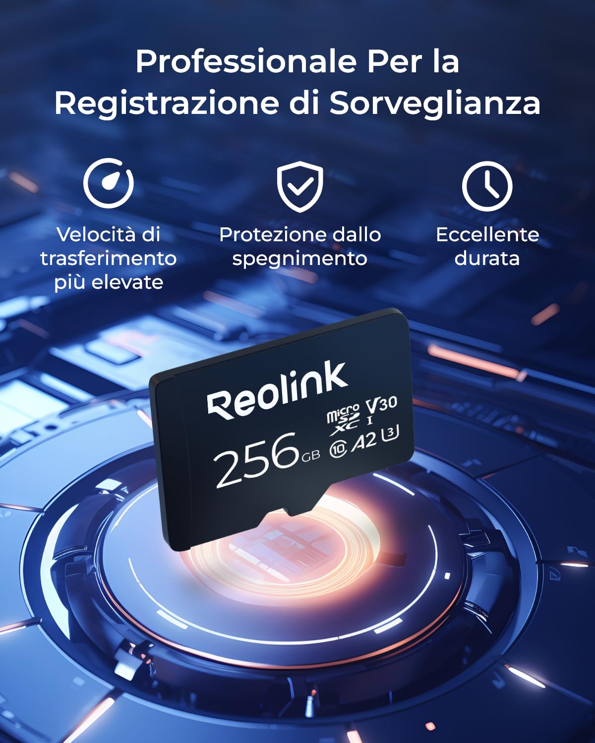 Reolink 256GB Scheda di Memoria MicroSDHC ad Alta Velocità, Classe 10, Scheda di Memoria A2 U3, Compatibile con Telecamera di Sicurezza Reolink