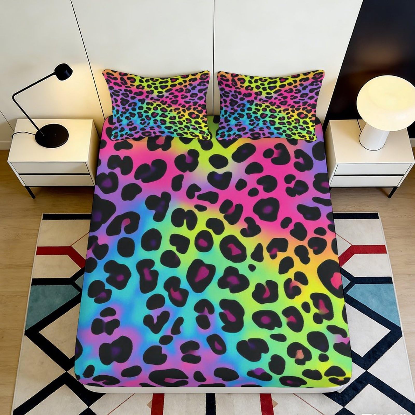 3D Printed Rainbow Leopard Fitted Sheet Microfiber Soft Vibrant Animal Print Bed Cover for Bedroom Dorm Decor 90x200x25cm