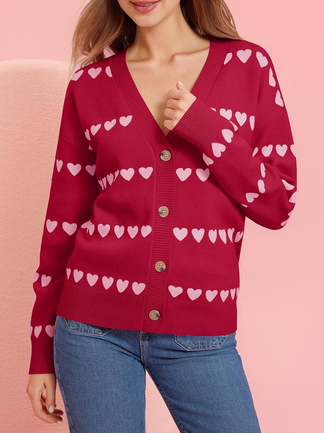 Saodimallsu Womens Heart Cardigan Sweaters Valentines V Neck Button Down Long Sleeve Knit Striped Sweater Coats - Image 2