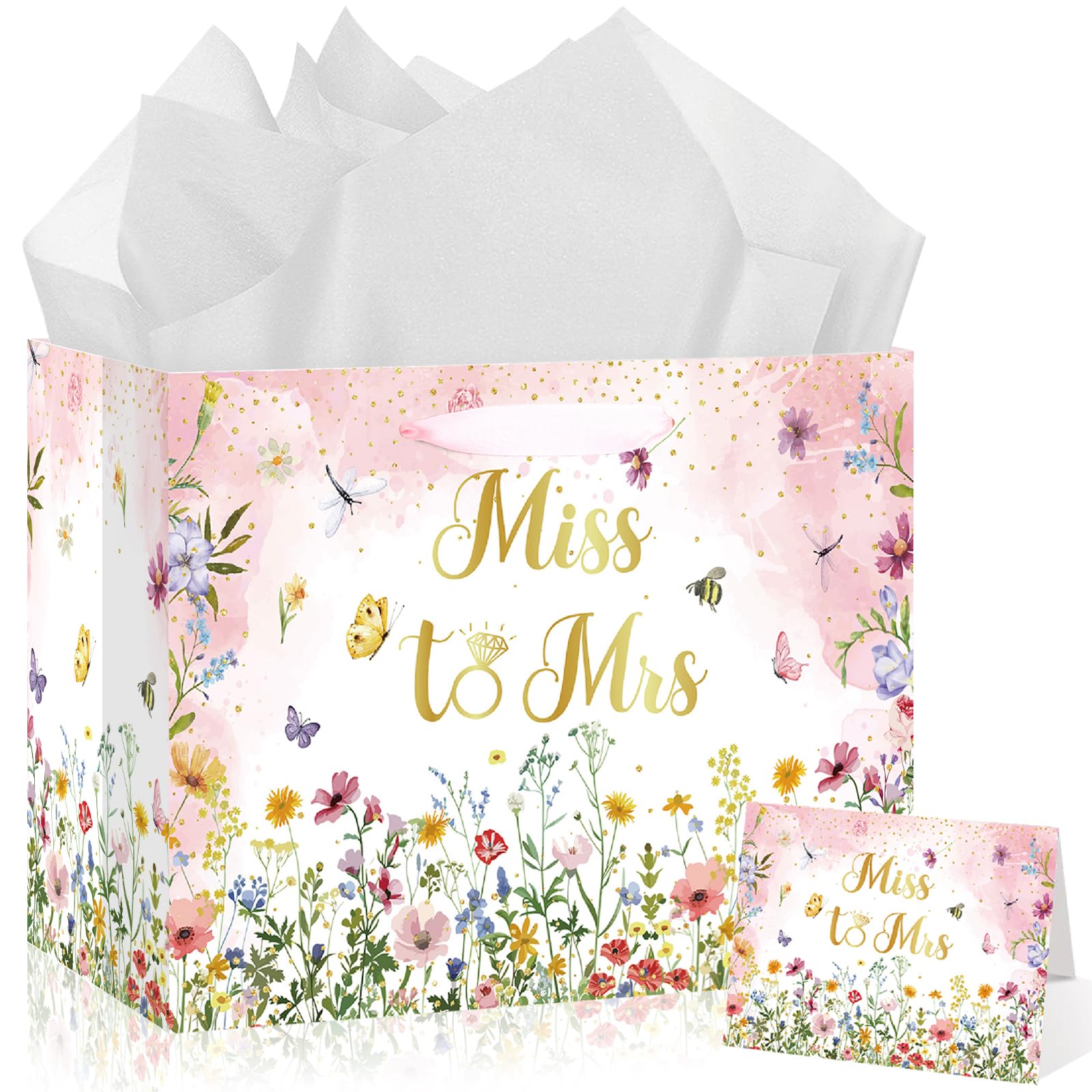 Bridal Shower Gift Bag Wedding Miss to Mrs Gifts Bag with Tissue and Card Bridal Shower Gift Wrapping Paper Bag Floral Wedding Gift Bags Bride Engagement Bachelorette Party Bag Bride to Be Gifts