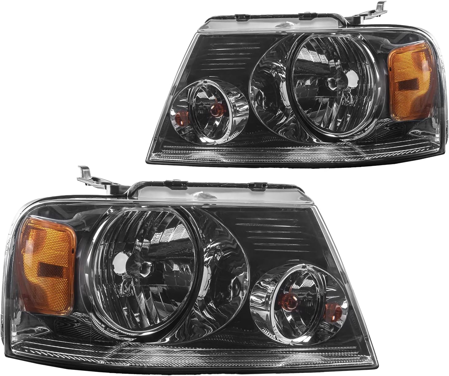 PHILTOP Pair Headlights Assembly Compatible with 2004 2006 2007 2008 Ford F150, 2006 Lincoln Mark LT,Chrome Housing Smoke Lens Amber Reflector,Halogen Headlamps (Driver + Passenger Side)