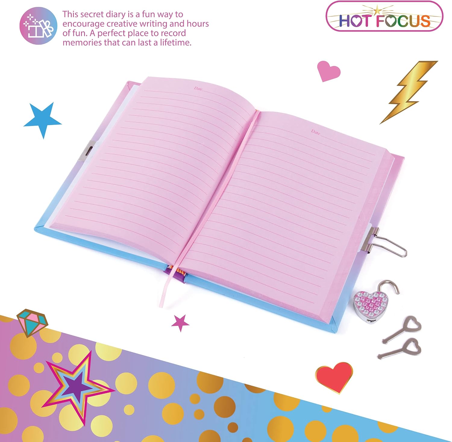 Hot Focus Unicorn Secret Diary with Lock – 7” Journal Notebook with 300 Double Sided Lined Pages, Padlock and Two Keys for Kids