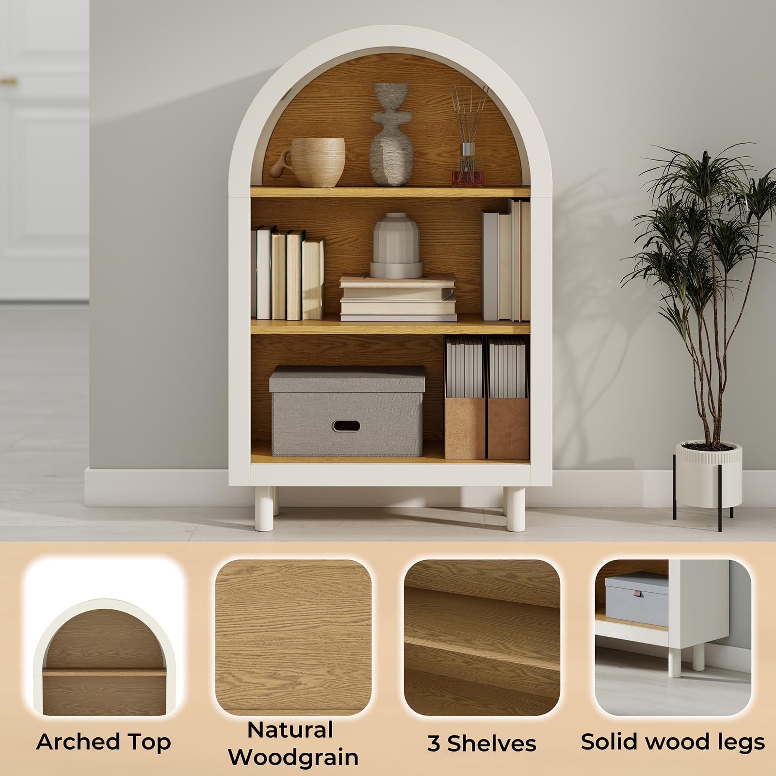 Bibliothèque moderne à 3 niveaux – Étagère courte ouverte en bois pour salon, chambre à coucher et bureau à domicile – Meuble Slish blanc Smal Solut Ele Design