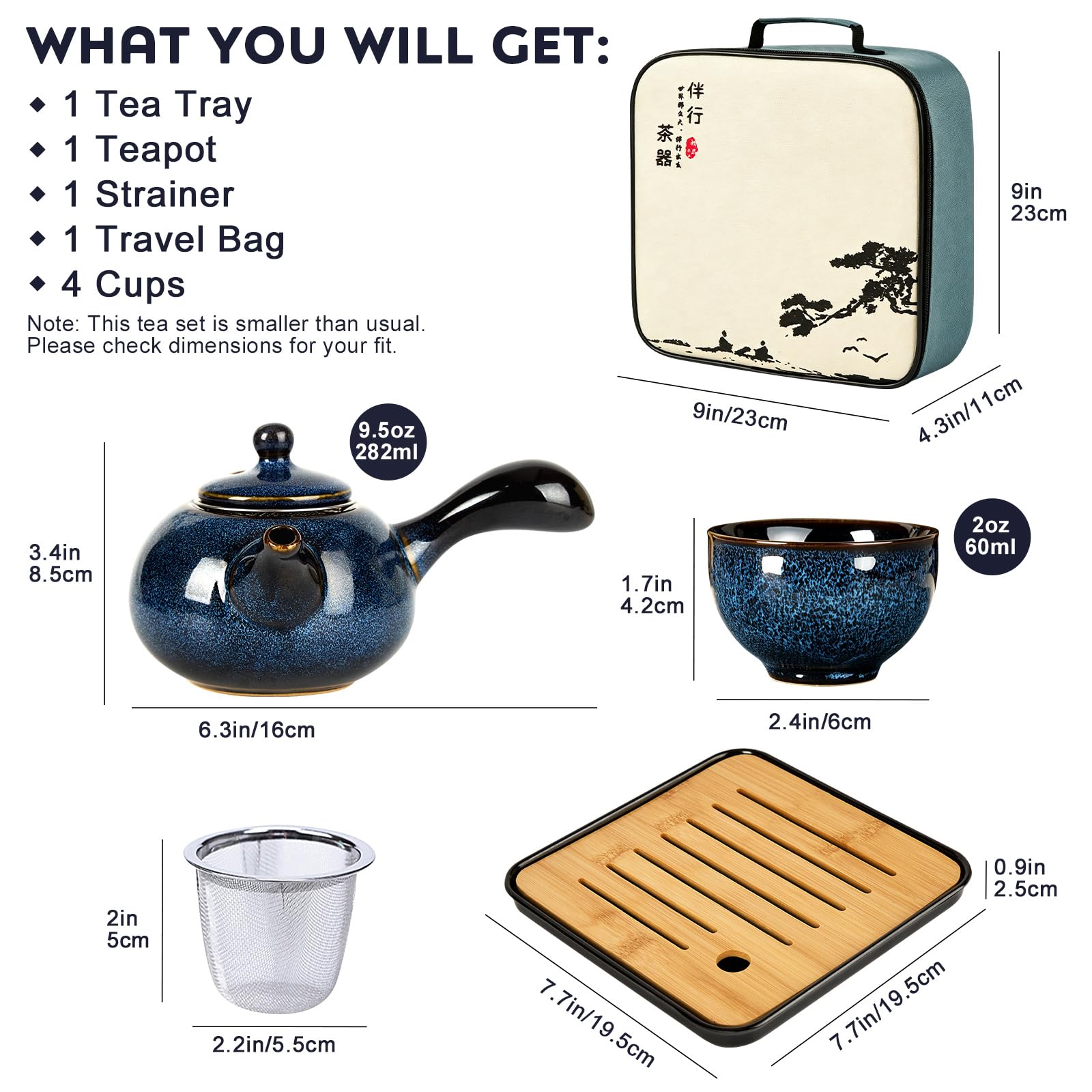 DUJUST Chinesische Gongfu-Teeset, glasierte Porzellan-Set mit 1 Teekanne, 4 Tassen & 1 Teetablett, tragbar mit Tasche für Reisen, Geschenke & Outdoor, dunkelblau