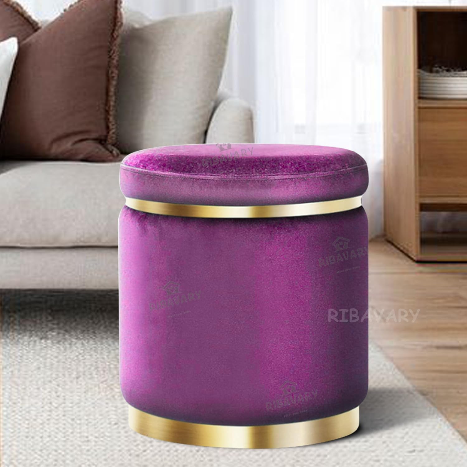 RIBAVARY Velvet Luxurious Sitting Stool For Bedroom & Living Room, Sofa Side Stool, Wooden Small Ottoman Footrest Stool, Makeup Chair, Pouf For Office & Home Decoration (Drum, Violet), Blue-image-14