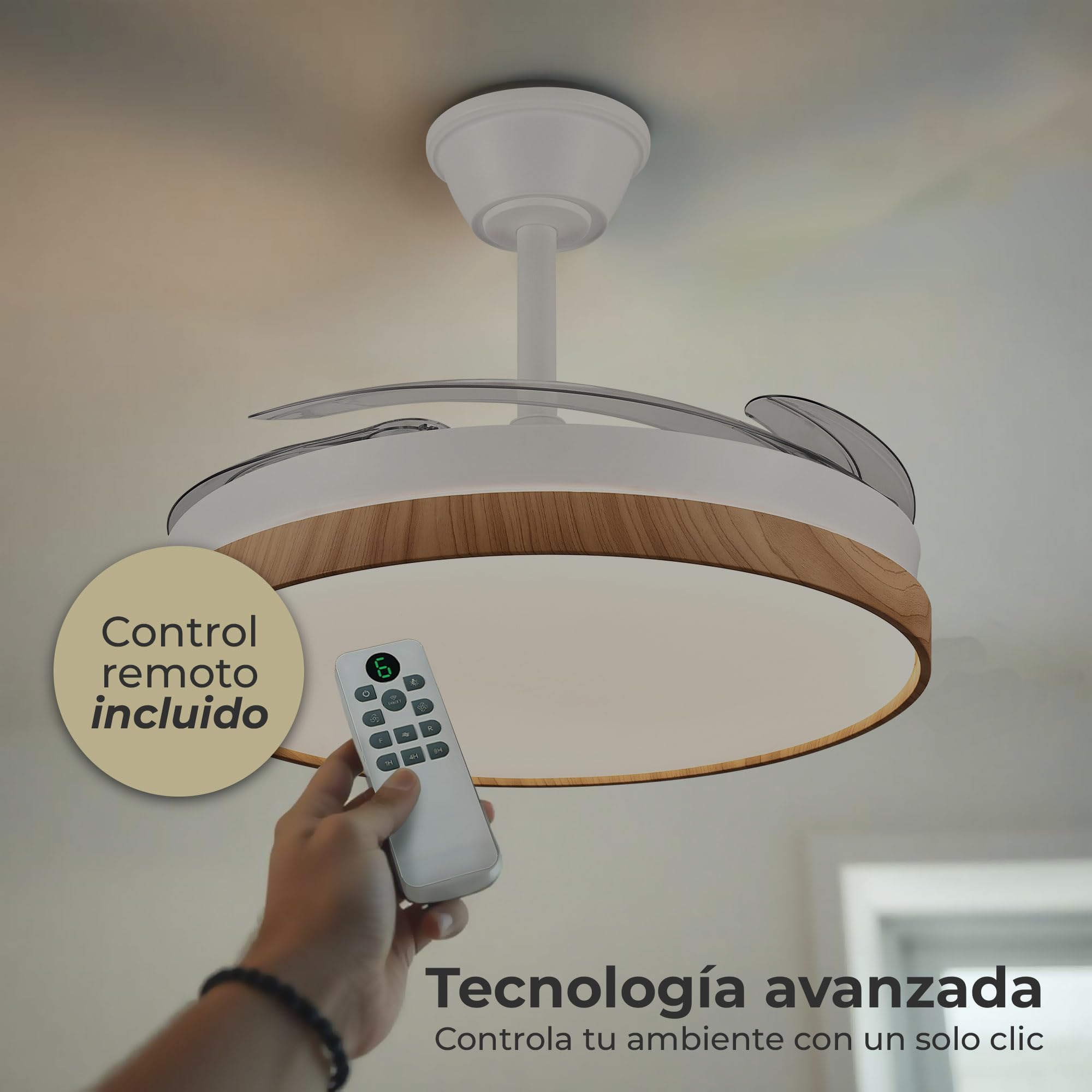LUMIKING Ventilador de Techo con Luz LED 72W Silencioso - CCT 3000-4000-6000K con Aspas Retractiles - Mando a Distancia, Función Verano e Invierno y Reversible - Ventilación en Hogares y Oficinas