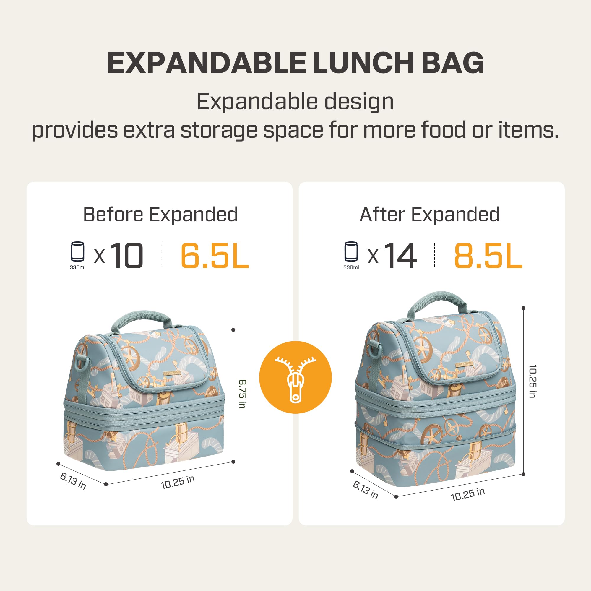 Everfun Expandable Lunch Box for Women with Container, Double Deck Lunch Bag Insulated Leakproof Large Cooler Bag with Adjustable Strap