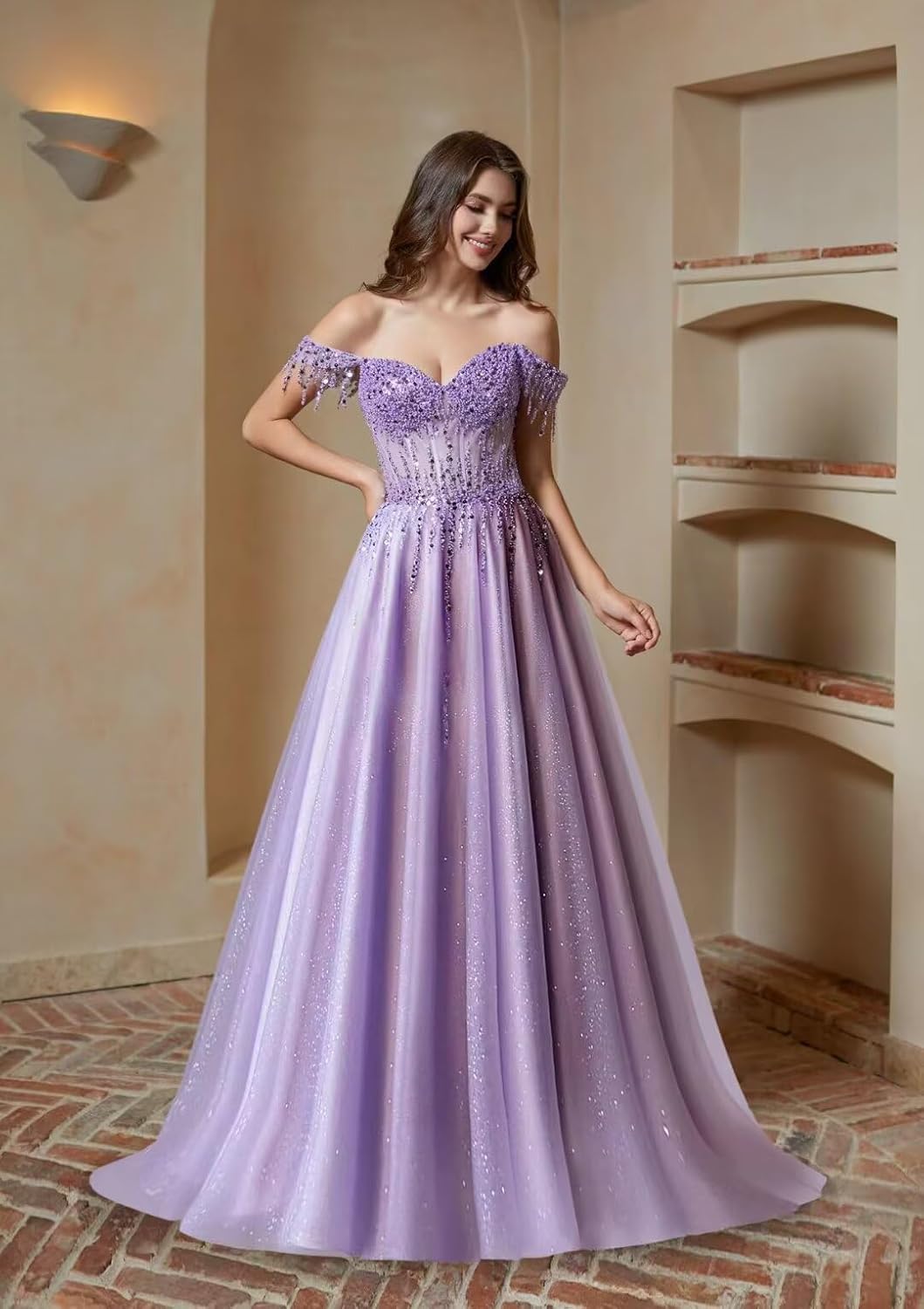 Off Shoulder Tulle Prom Dresses Long Ball Gown for Women Sequin Beaded Formal Evening Gown