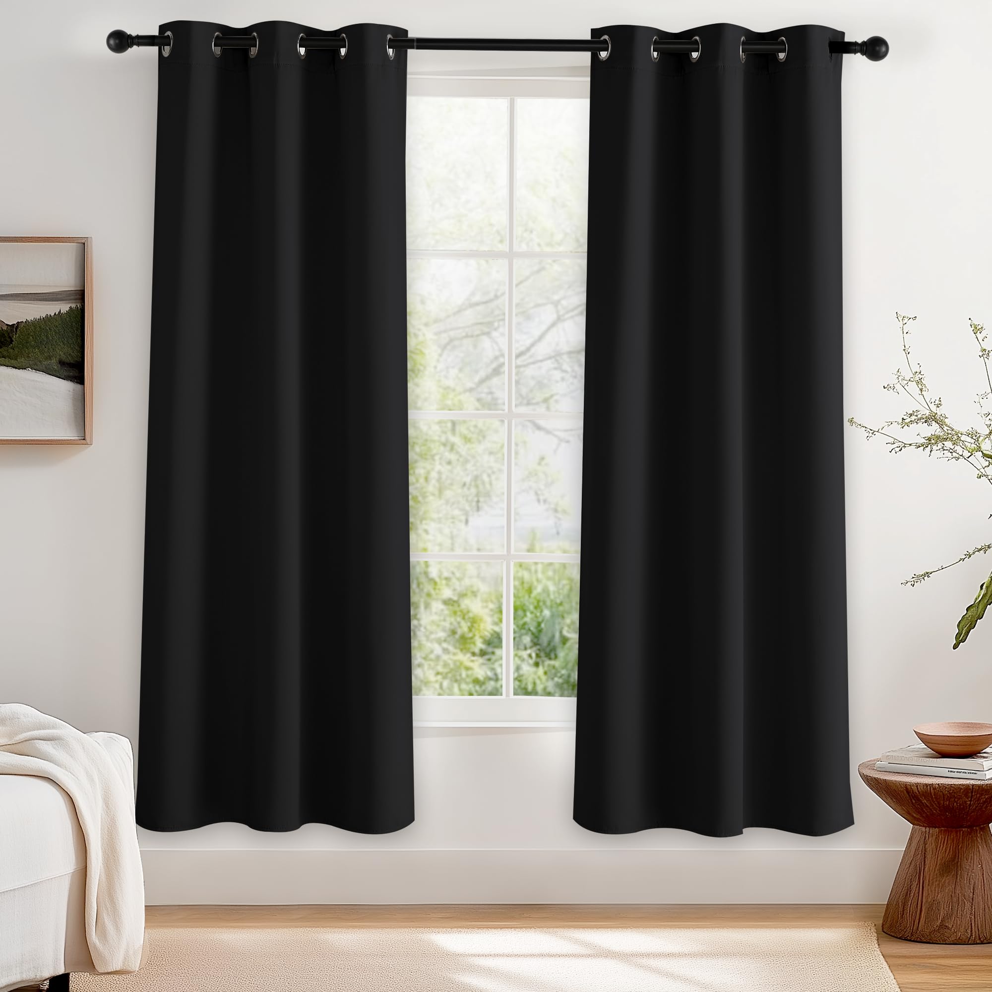 PONY DANCE Blackout Eyelet Curtains, Black, 2 Panels, 37 x 72 Inch