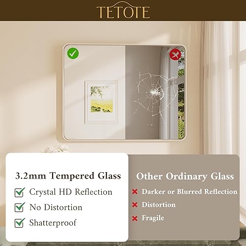 Miniatura 62 de TETOTE Espejo con marco dorado cepillado de 48 x 24 pulgadas, espejo de tocador de baño de latón para pared, moderno espejo rectangular de esquina