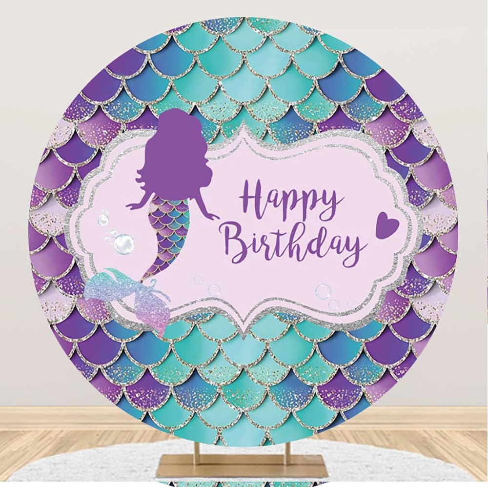 Laeacco Mermaid Birthday Round Backdrop Cover 7x7ft Polyester Gradient Green Scales Birthday Photography Background Sweet Girls Mermaid Theme Birthday Party Decor Banner Girls Photo Studio Prop