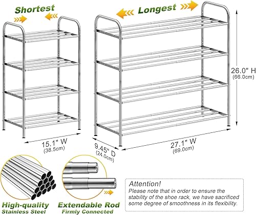 Miniatura 2 de Zapatero expandible de 4 niveles, ancho ajustable y 100% acero inoxidable, 4 varillas por nivel, patas ajustables, estante de metal multifuncional