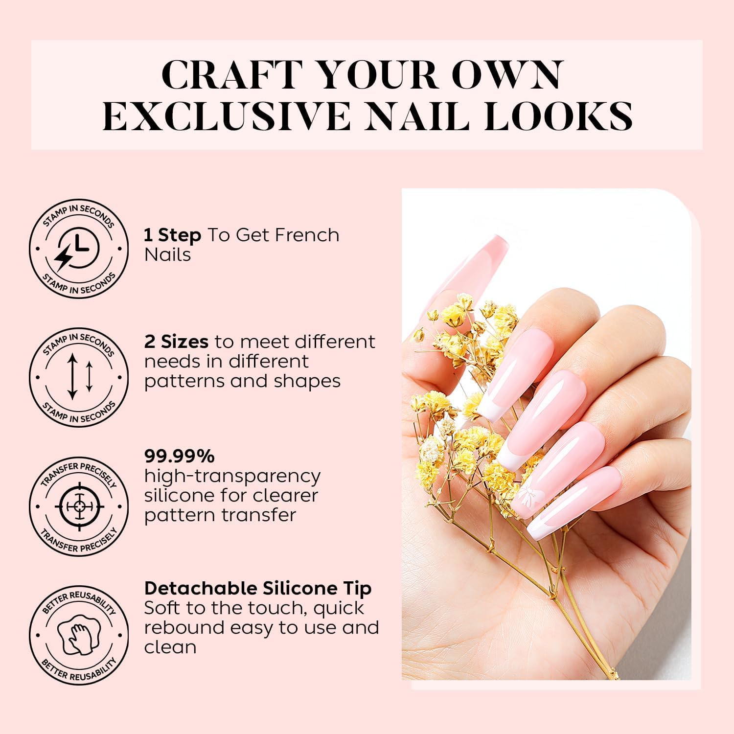 AIMEILI French Tip Nail Stamp 4PCS Nail Art Stamper Kit Clear Silicone Double Head Nail Stamper with Scrapers
