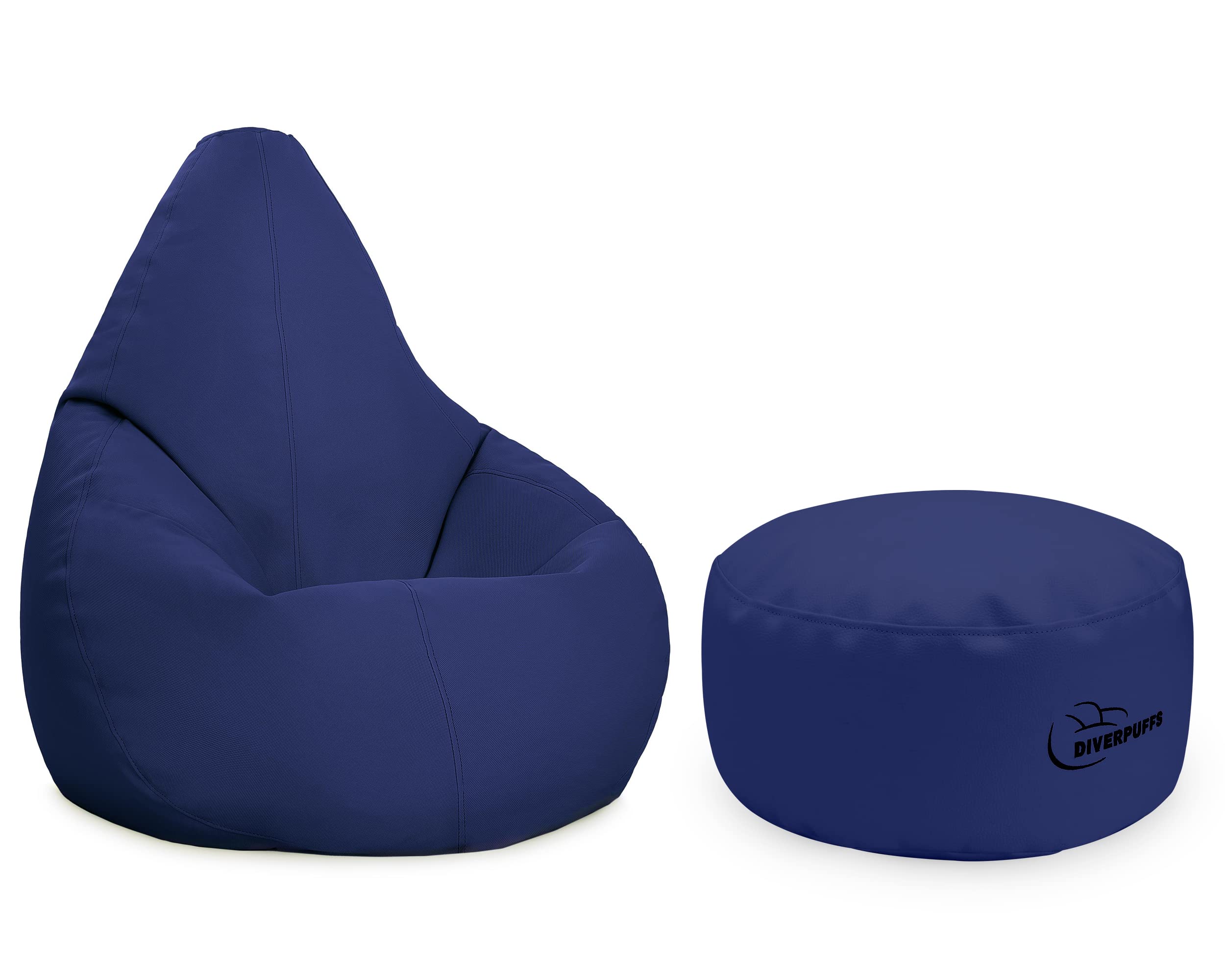 Diverpuff Puff Pera Gigante con Reposapies - Puf con Relleno Incluido XXL Interior - Ideal para Adultos y Niños (XXL + Reposapies, Azul Exterior)