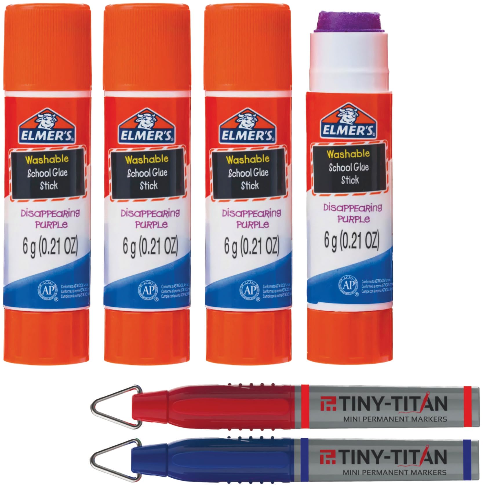 Glue Stick, Disappearing Purple School Glue Sticks, Child-Friendly, Acid-Free & Washable Plus - 2 Tiny-Titan Mini Markers - 4 Glue Sticks + 2 Mini