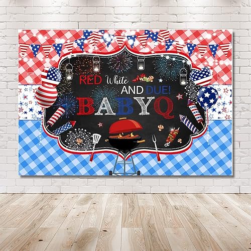 Miniatura 6 de MEHOFOND Telón de fondo con temática de barbacoa rojo blanco y debido para niño y niña, 4 de julio, baby shower, petardo, Babyq, patriótico, Día de