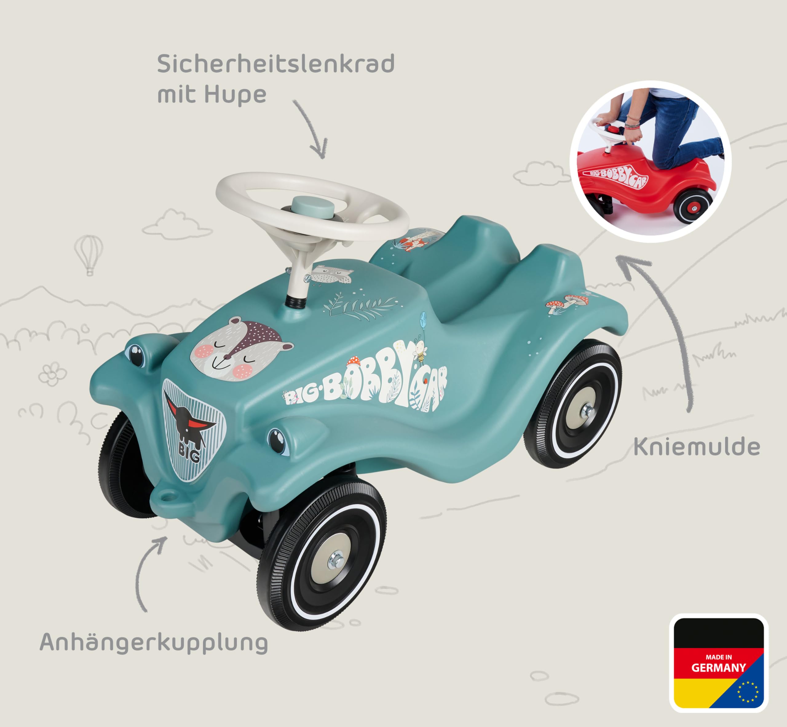 Big Bobby Car Classic Life - Rutschauto ab 1 Jahr, gefertigt aus recyceltem Kunststoff, ergonomische Karosserie, Sicherheitslenkrad mit Hupe, stabile Räder, Petrol-Beige, ab 12 Monate