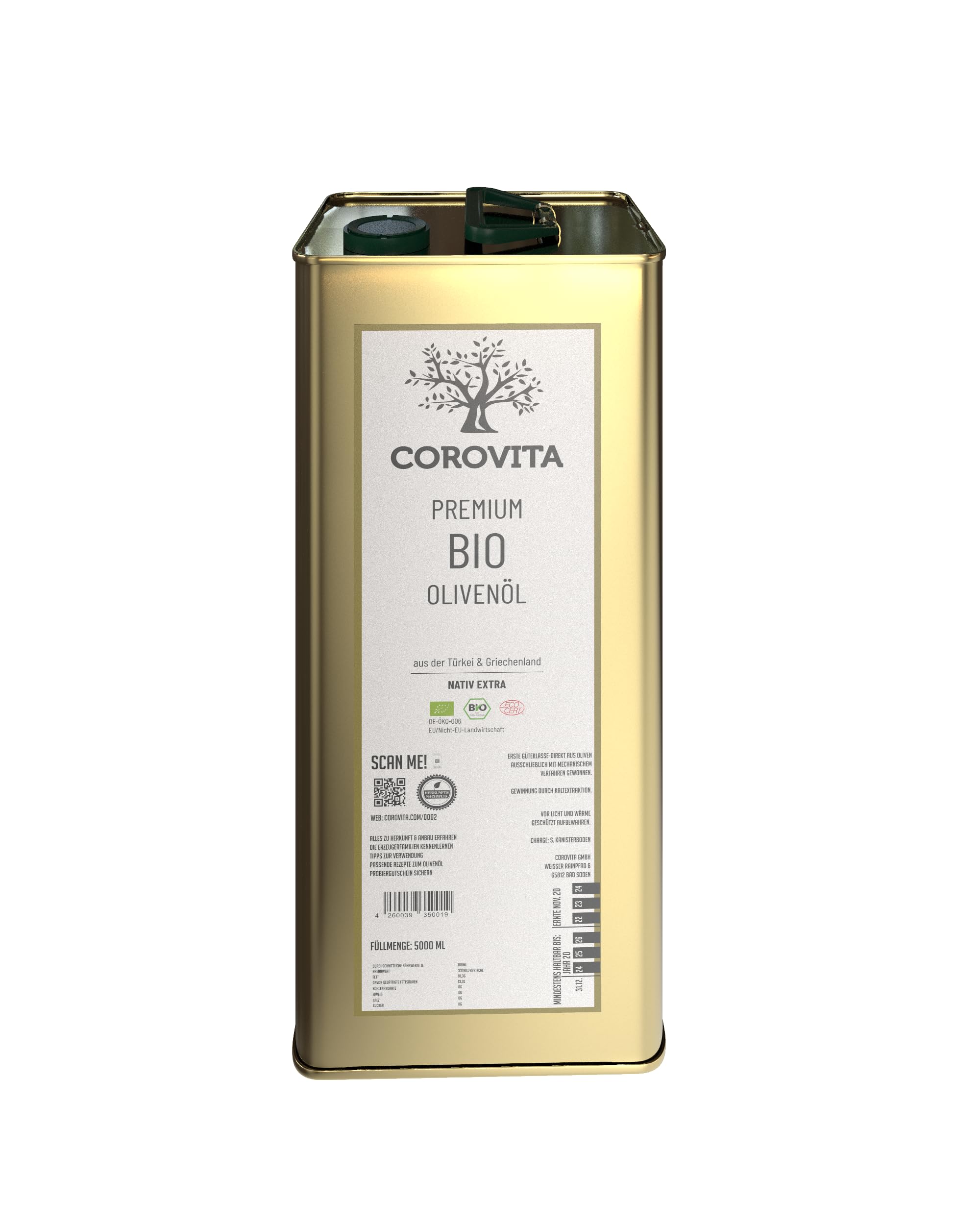 Corovita Bio-Olivenöl | Bio | natives Olivenöl extra | 5 Liter Kanister | kaltgepresst | Herkunft: Türkei/Griechenland | Erzeuger: Fam. Kotrotsis & Fam. Acar