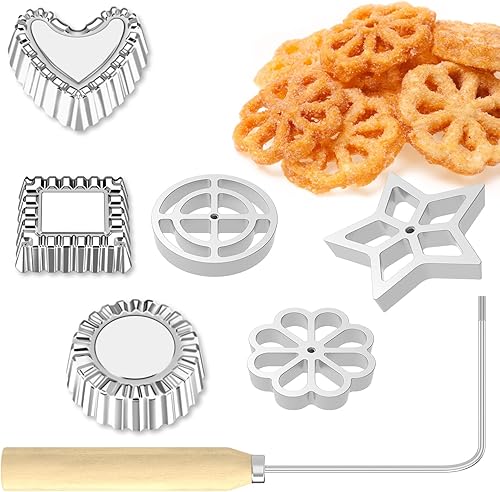 6 moldes para bunuelos con mango de madera, molde de aluminio para hacer galletas, juego de hierro de timbal desmontable Bunuelos rosetón, círculo
