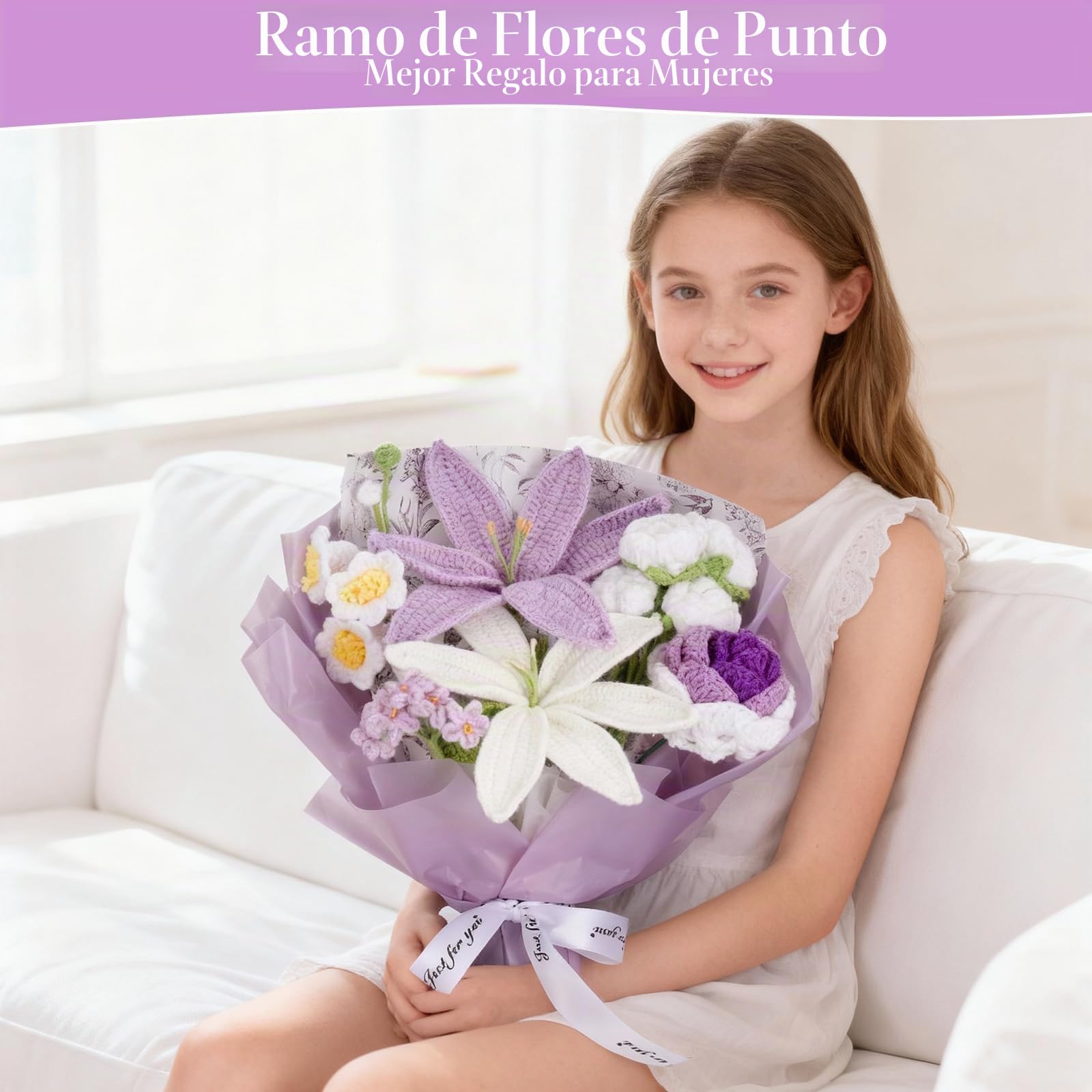 Ramo de Flores de Ganchillo, Flores de Crochet con Ramo y Bolsa, lirios