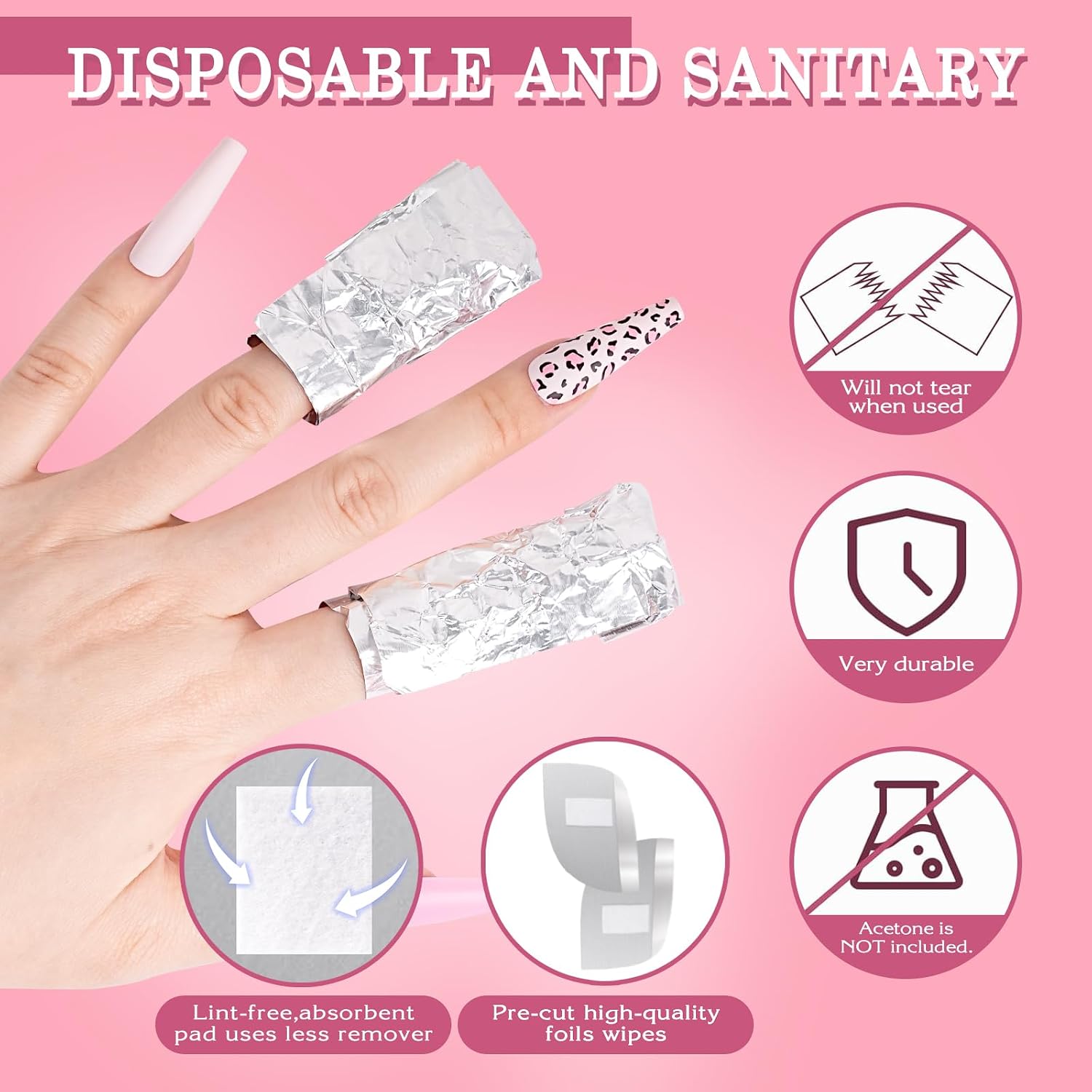 200PCS Foil Nail Wraps for Acrylic Dip Powder Removal, Gel Polish Remover Kit with 1Pcs Cuticle Pusher, 1Pcs Triangle Peeler and 2 Nail Files, Soak off Cotton Pads Lint Free Finger Nail Wipes