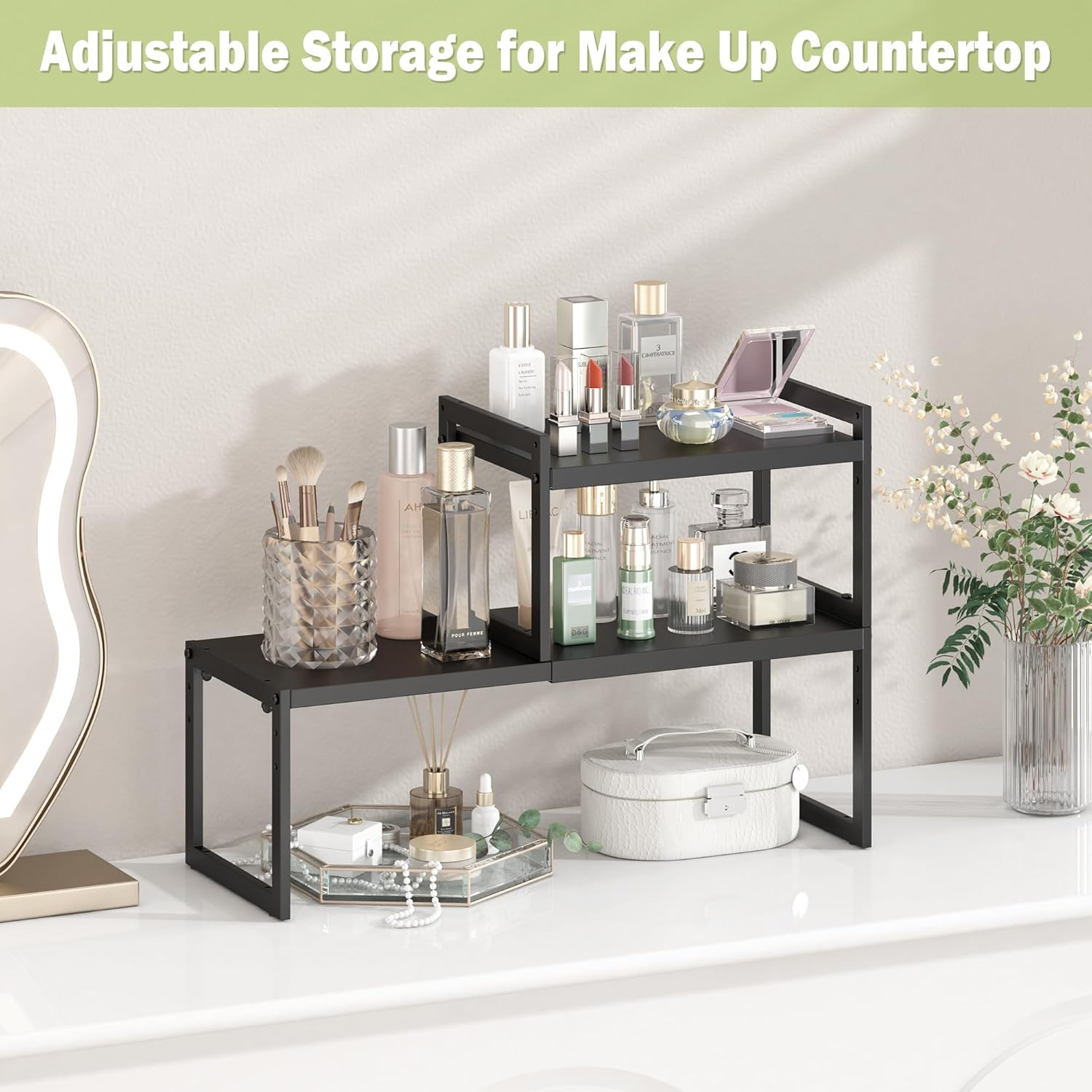 DOLALIKE Expandable kitchen Countertop Organizer, Stackable Cabinet Shelf Organizers, Space Saving Spice Rack Pantry Storage for Bathroom Office Organization (Black, 2 Pack) - Image 6