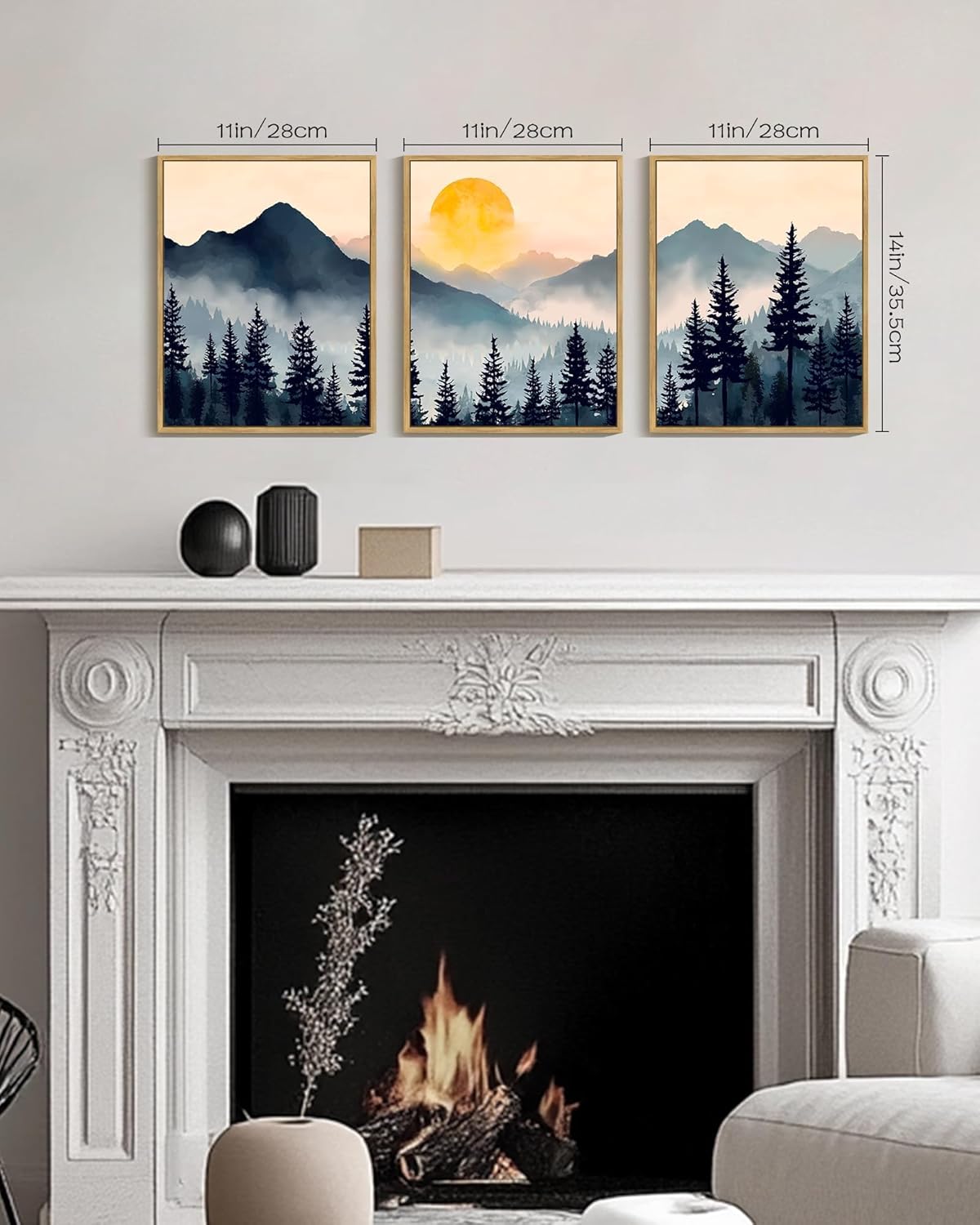 PHOPAGO Blue Fog Pine Tree Mountain Landscape Framed Wall Art Retro Watercolor Nature Misty Forest Artwork Paints Sun Rise Rustic Farmhouse Home Decor - 11x14in Natural Framed
