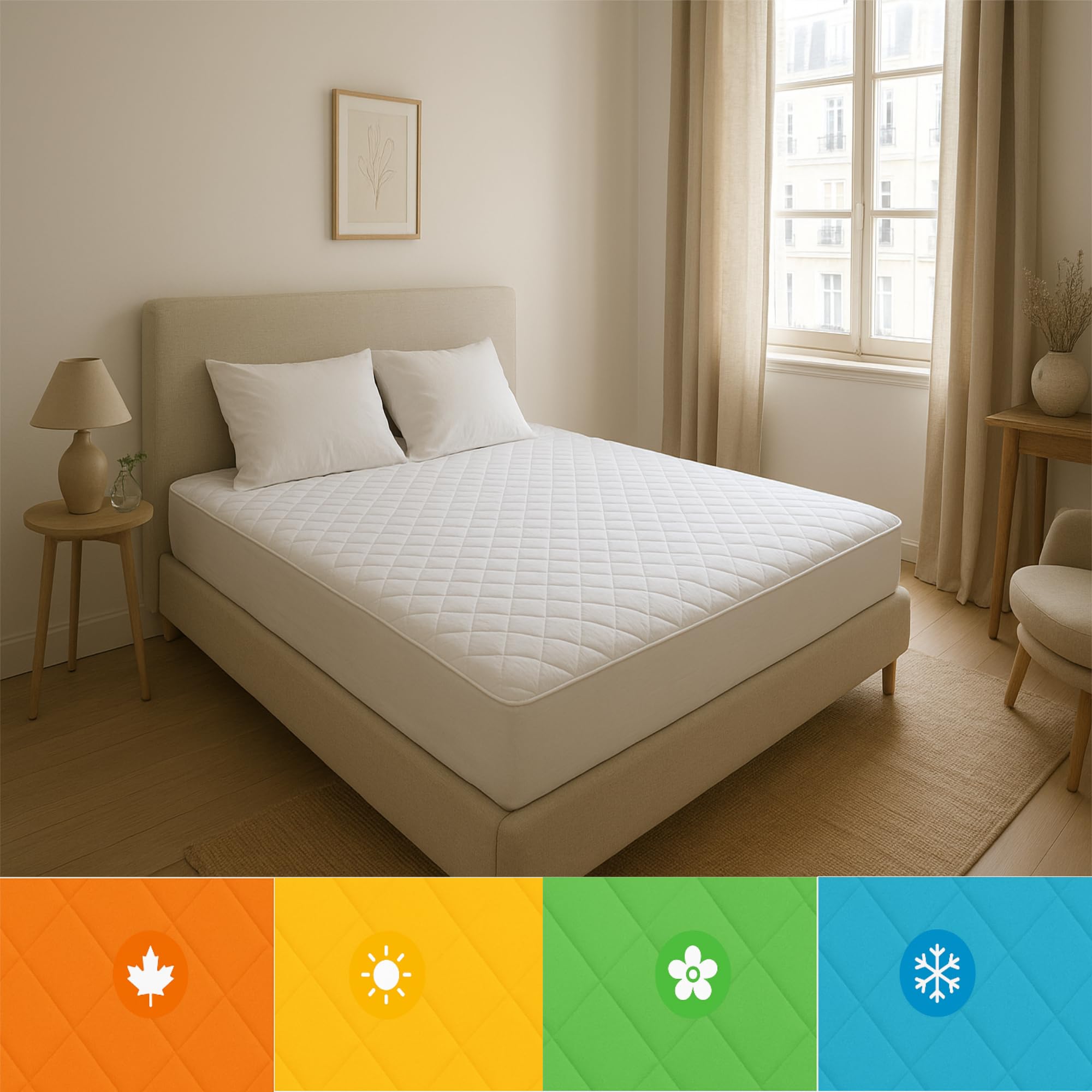 Protector de colchón de algodón, colchón Acolchado con Tratamiento antialérgico, Impermeable, antiácaros, Flexible y silencioso, Protector Transpirable (Blanco, 160 x 190/200 + (35-40))