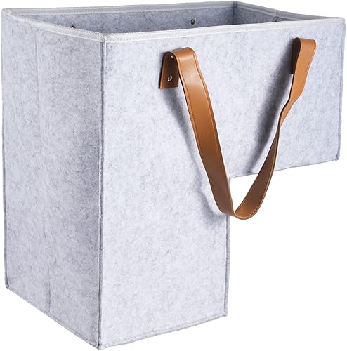 GEKMOR Cesta plegable de fieltro para escaleras de 16 pulgadas, cestas grandes para escaleras con asas de piel sintética, cesta de escalera para