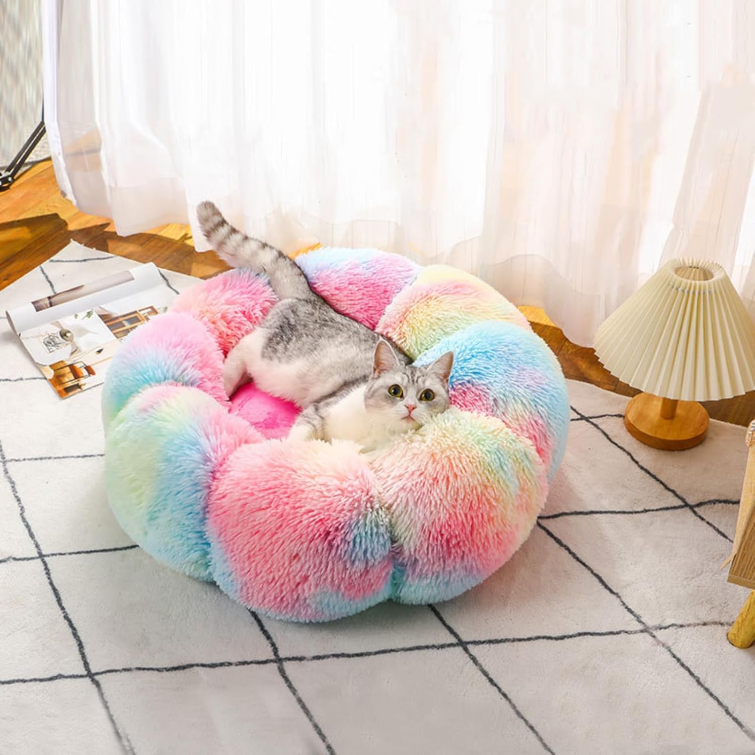 Cute Flower Plush Cat Bed Tie-Dye Rainbow Kawaii Pet House Colorful Soft Warm Anti-Anxiety (Large 32 x 32 inch, Red)
