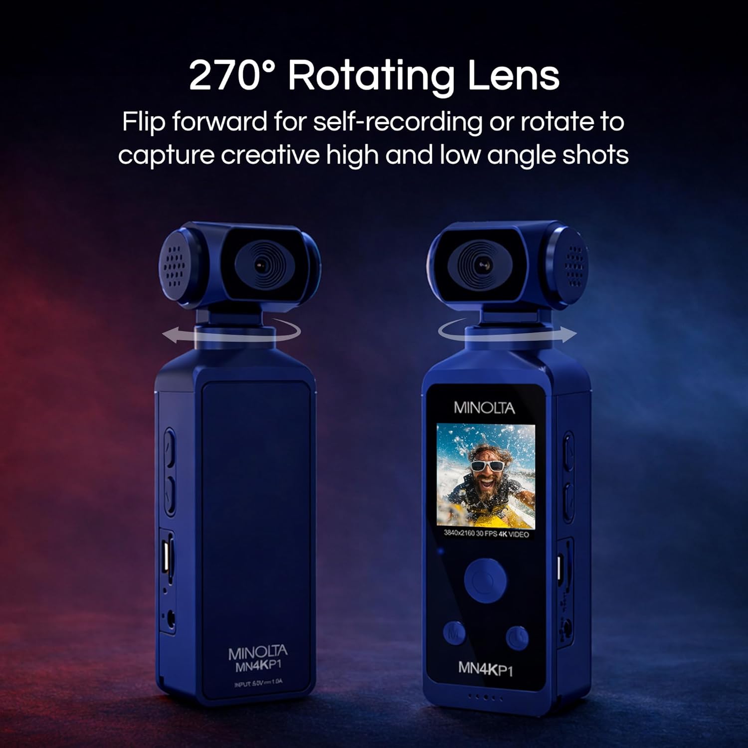 Minolta 4K Ultra HD Pocket Camcorder – WiFi Enabled Action Camera with 16MP Photos, 170° Wide Angle Lens, 270° Rotating Head, Slow Motion, 1.3-inch Display - 16GB Card & Waterproof Case (Blue)