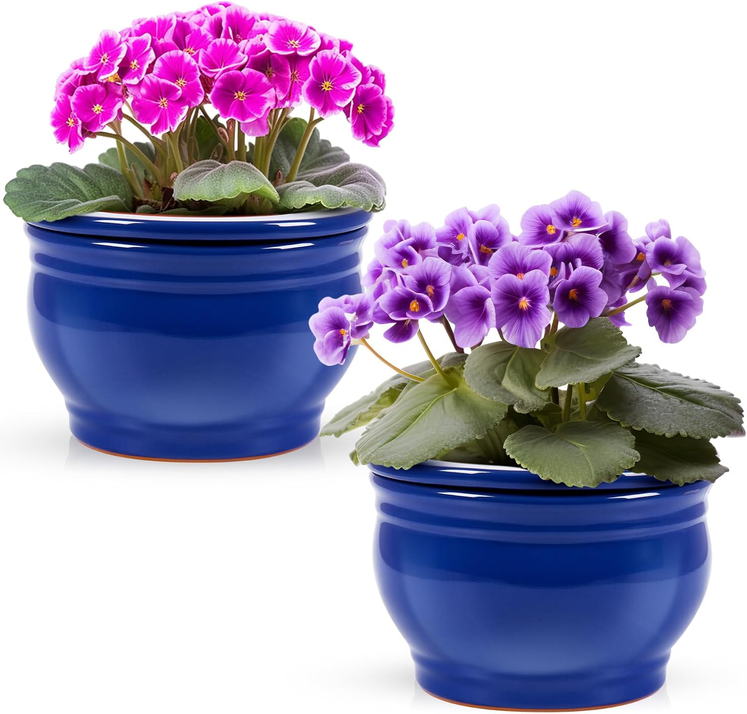 2 Set 6 Inches African Violet Pots Ceramic Self Watering Pots for Indoor Plants with Highly Absorbent Inner for Busy Plant Lovers Flower Maintenance (Blue)
