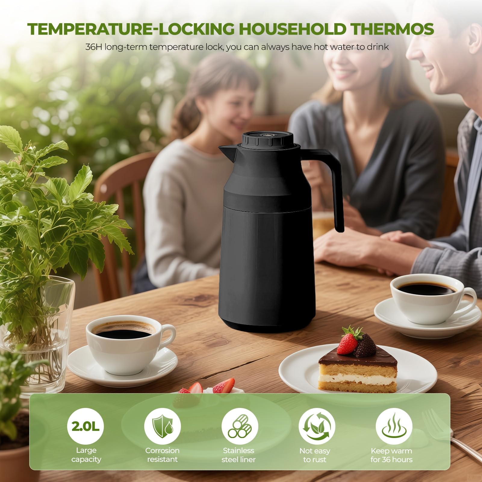 Thermoskanne Kaffeekanne Doppelwandige Edelstahl Vakuum Isolations, Heißer Und Kalter Tee/Kaffee, Isolierkanne Mit Einfachem Sicherheitsdruckknopf, Rutschfestem Boden (Schwarz,2L)