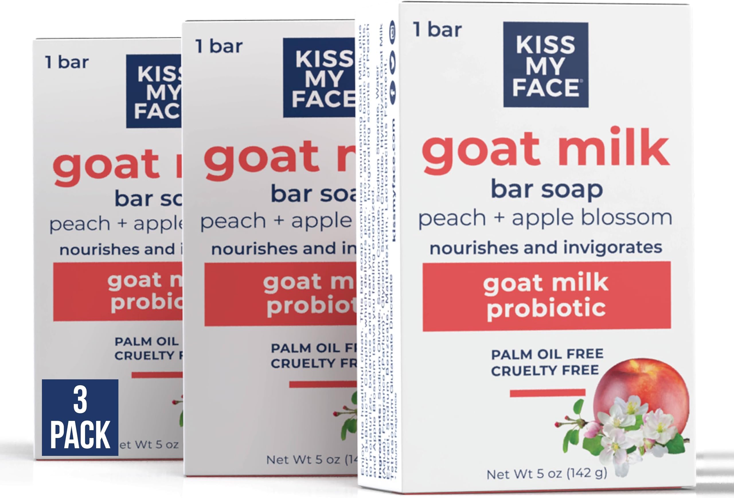 Goat Milk Bar Soap, With Goat Milk and Probiotics, Nourishes and Invigorates, Bar Soaps for Hands and Body, Cruelty Free and Palm Oil Free, Peach and Apple Blossom Scents, Pack of 3