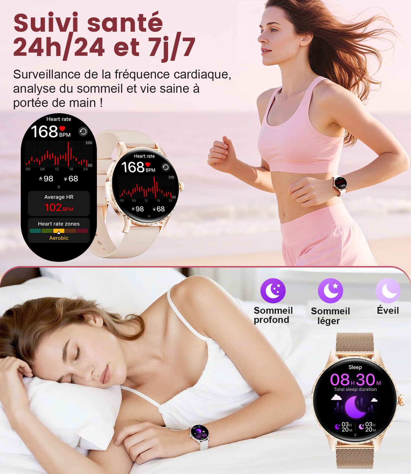 Montre Connectée Femme avec Appel Bluetooth, 1,32"Amoled Display, IP68 Étanche Smartwatch, 2 Sangles/100+ Modes Sportifs pour Android iOS, Fréquence Cardiaque/Sommeil/Fonction Féminine, Or Rose