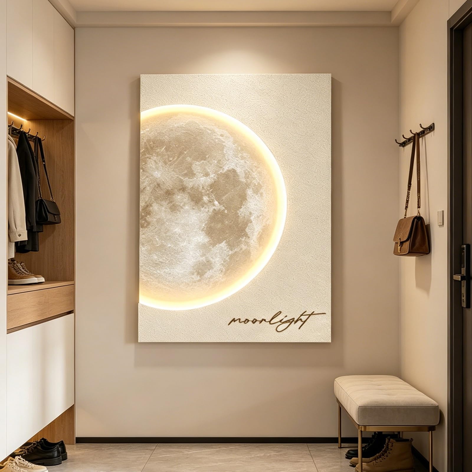 SYXHJTFZ Modern Elegant Moon Sandstone Wall Art Borderless Decor, Large Celestial Lunar Prints Warm Plug-in LED Light Remote Control for Living Room Apartment Indoor Space(F,80 * 120cm/31.5 * 47.2in)