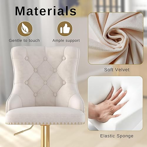 Miniatura 5 de Juego de 2 taburetes de bar de terciopelo con anillo de tracción de león para encimera de cocina, taburetes de bar tapizados con cabeza de clavo,