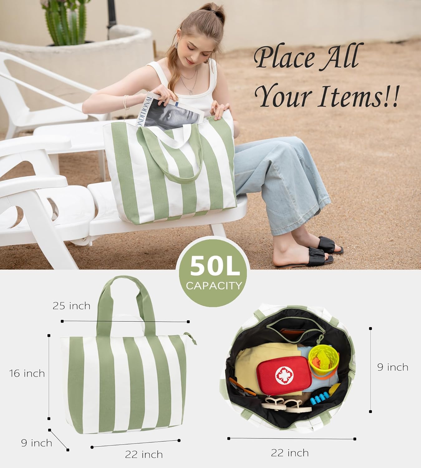 22'' 50L 100% Cotton Oversized Travel Tote Bag for Women - Tear-Resistant, Overnight/Weekend/Beach Bag - Image 2
