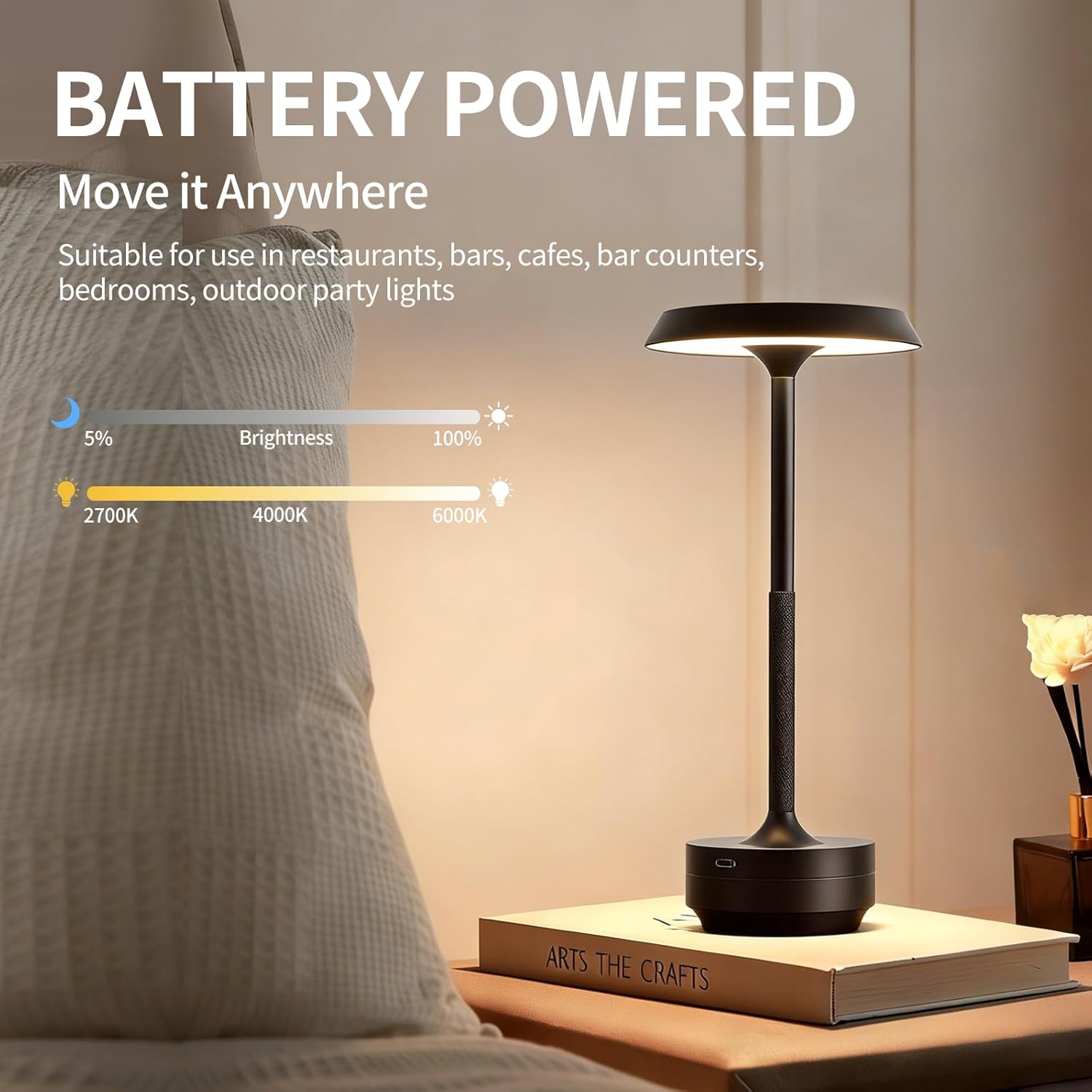 Wireless Desk Lamp Rechargeable 5000mAh Battery Powered Lamp for Counter 3 Color Stepless Dimmable LED Wireless Light for Dining Room Kitchen Outdoor Terrace Support Touch Control (Black)