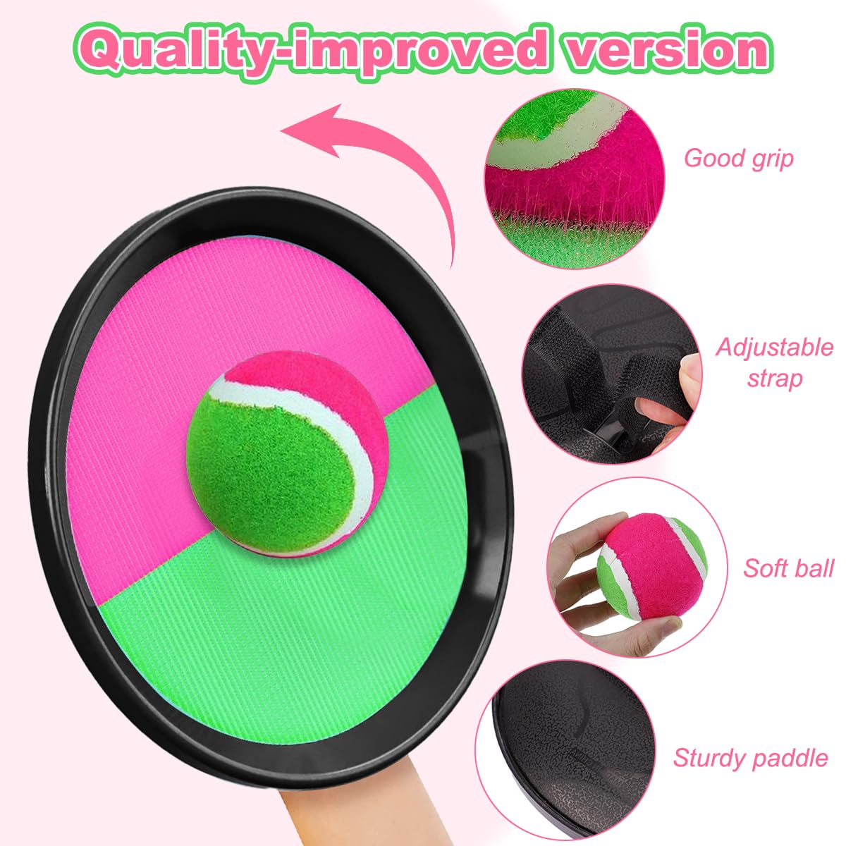 Balle Raquette Scratch Jeux, Jeu de Balle à Attraper Raquette avec 4 Raquettes + 4 Balles, Lancer Catch Ball Jouet Enfants, Jeu de Pagaies et de Lancer pour Jardin Cour Piscine Plage (2 paires)